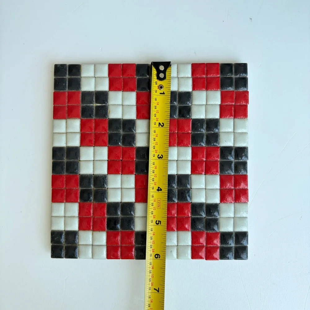 Vintage Mosaic Tile Trivet Red Black White Checkerboard Geometric 6x6 Hot Pad